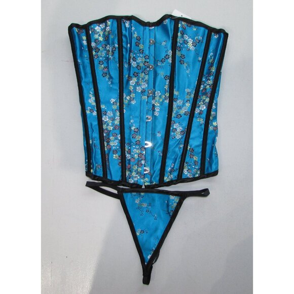 Blue Black Asian Themed Boned Corset Set - NEW - Picture 2 of 8